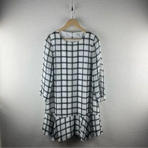 Madewell l M Tissue Silk Sheer Long Sleeves Drop Waist Ruffle Hem Mod Grid Dress